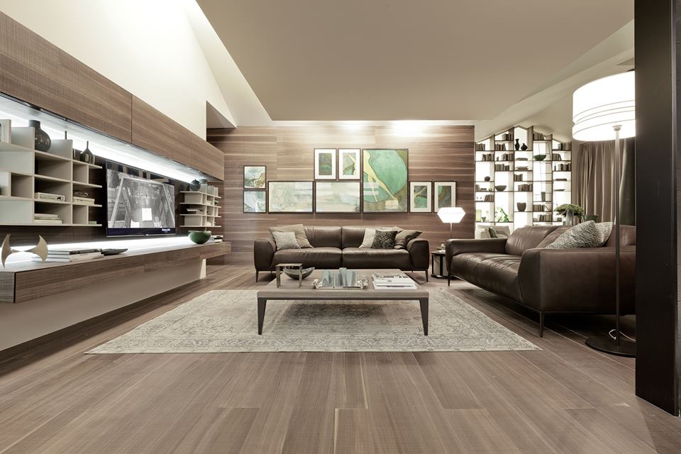 phòng khách với sofa da