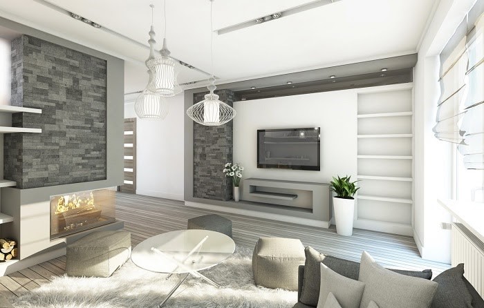 Phòng khách Hi-tech tinh tế với màu trắng và xám