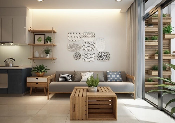 Phòng khách đơn giản được trang trí bằng chậu cây xanh